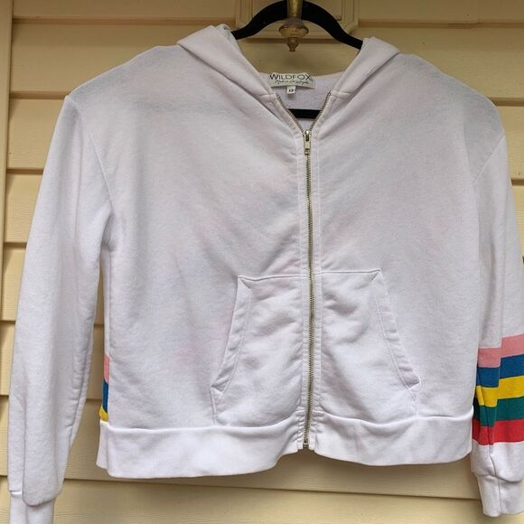 Wildfox white/rainbow decorated hooded zip up sweater, good preowned condition,S - Picture 13 of 16